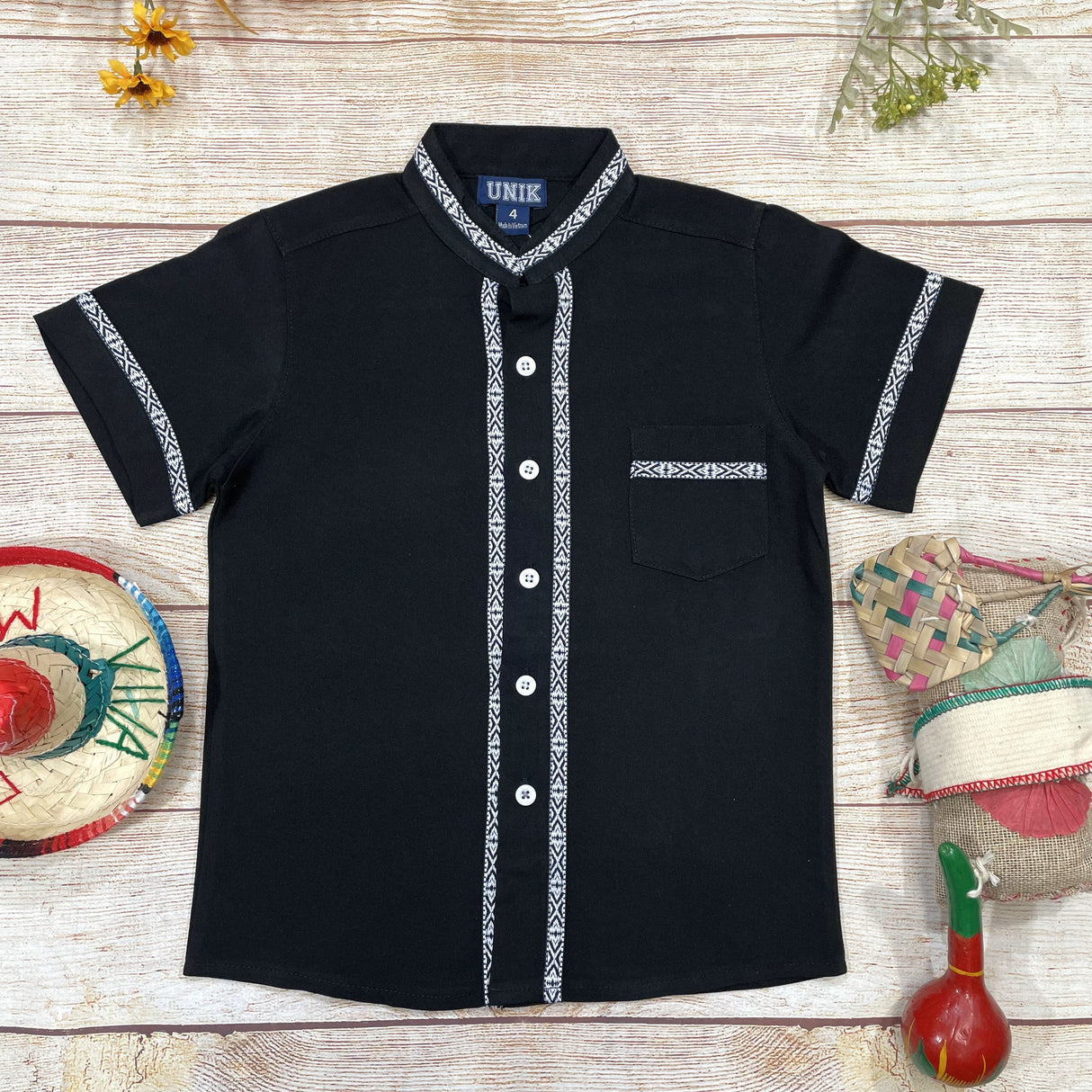 Boys Black Trim Guayabera Cotton Polyester Fabric - Black Trim, Embroidered Details, Short Sleeve, 4-14 (1 Piece)