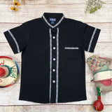 Boys Black Trim Guayabera Cotton Polyester Fabric - Black Trim, Embroidered Details, Short Sleeve, 4-14 (1 Piece)