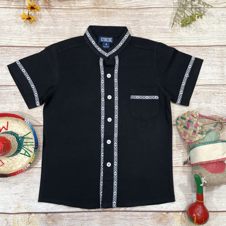 Boys Black Trim Guayabera Cotton Polyester Fabric - Black Trim, Embroidered Details, Short Sleeve, 4-14 (1 Piece)