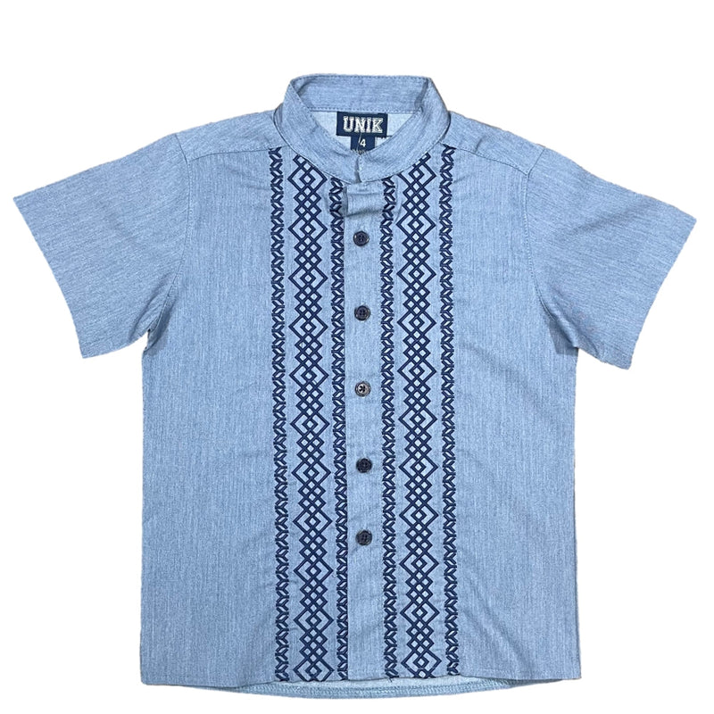 Chambray Diamond Cotton Polyester Fabric - Embroidered Details, Short Sleeve, Boys Shirt, Chambray Diamond, 4-14 (1 Piece)