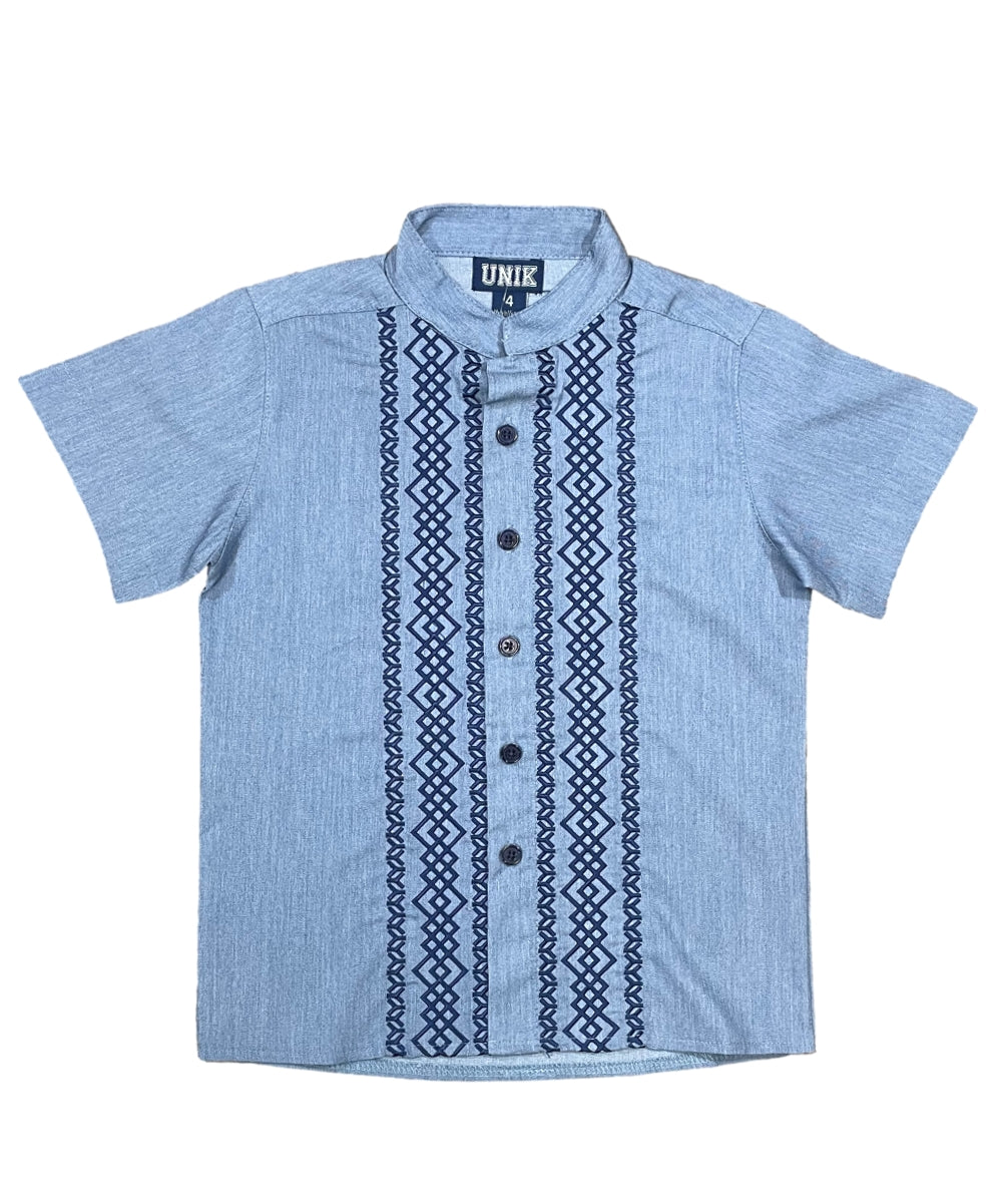Chambray Diamond Cotton Polyester Fabric - Embroidered Details, Short Sleeve, Boys Shirt, Chambray Diamond, 4-14 (1 Piece)