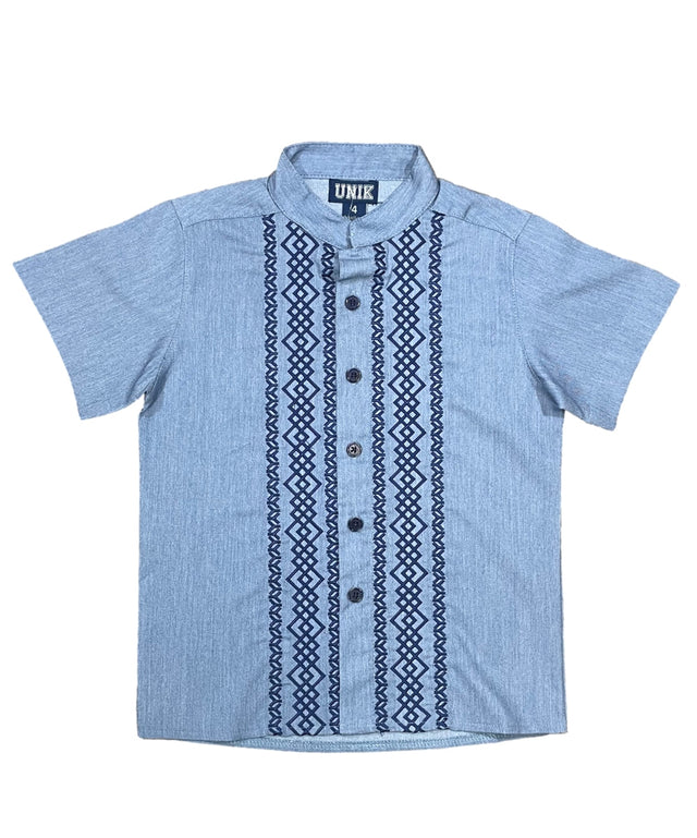 Chambray Diamond Cotton Polyester Fabric - Embroidered Details, Short Sleeve, Boys Shirt, Chambray Diamond, 4-14 (1 Piece)