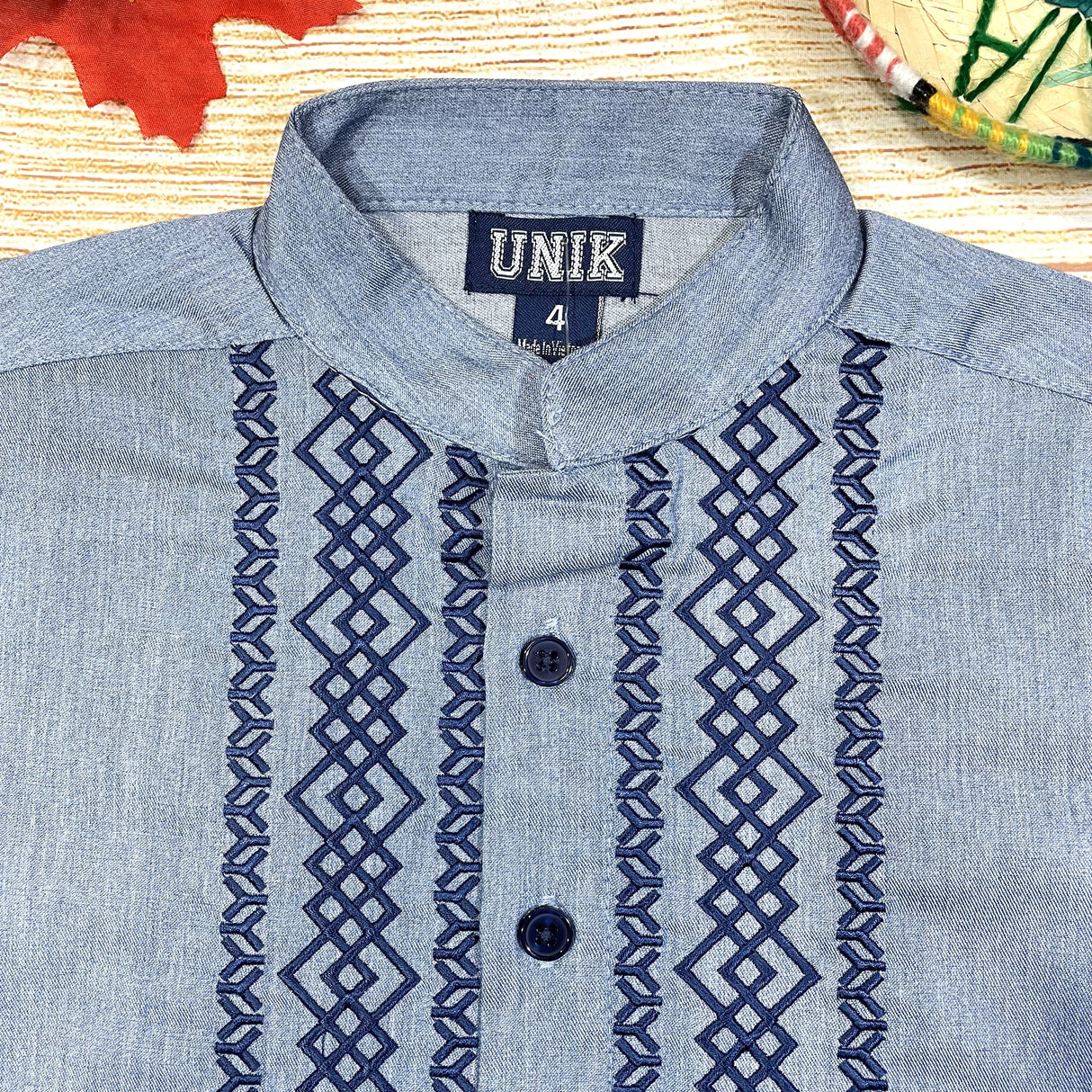 Chambray Diamond Cotton Polyester Fabric - Embroidered Details, Short Sleeve, Boys Shirt, Chambray Diamond, 4-14 (1 Piece)