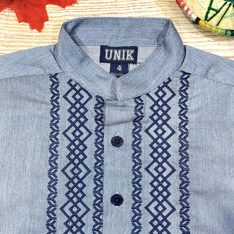 Chambray Diamond Cotton Polyester Fabric - Embroidered Details, Short Sleeve, Boys Shirt, Chambray Diamond, 4-14 (1 Piece)