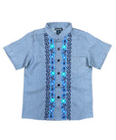 Boys Chambray Floral Guayabera Cotton Polyester Fabric - Chambray Floral, Short Sleeve, Embroidered Details (4-14)