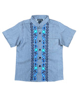 Boys Chambray Floral Guayabera Cotton Polyester Fabric - Chambray Floral, Short Sleeve, Embroidered Details (4-14)