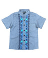 Boys Chambray Floral Guayabera Cotton Polyester Fabric - Chambray Floral, Short Sleeve, Embroidered Details (4-14)