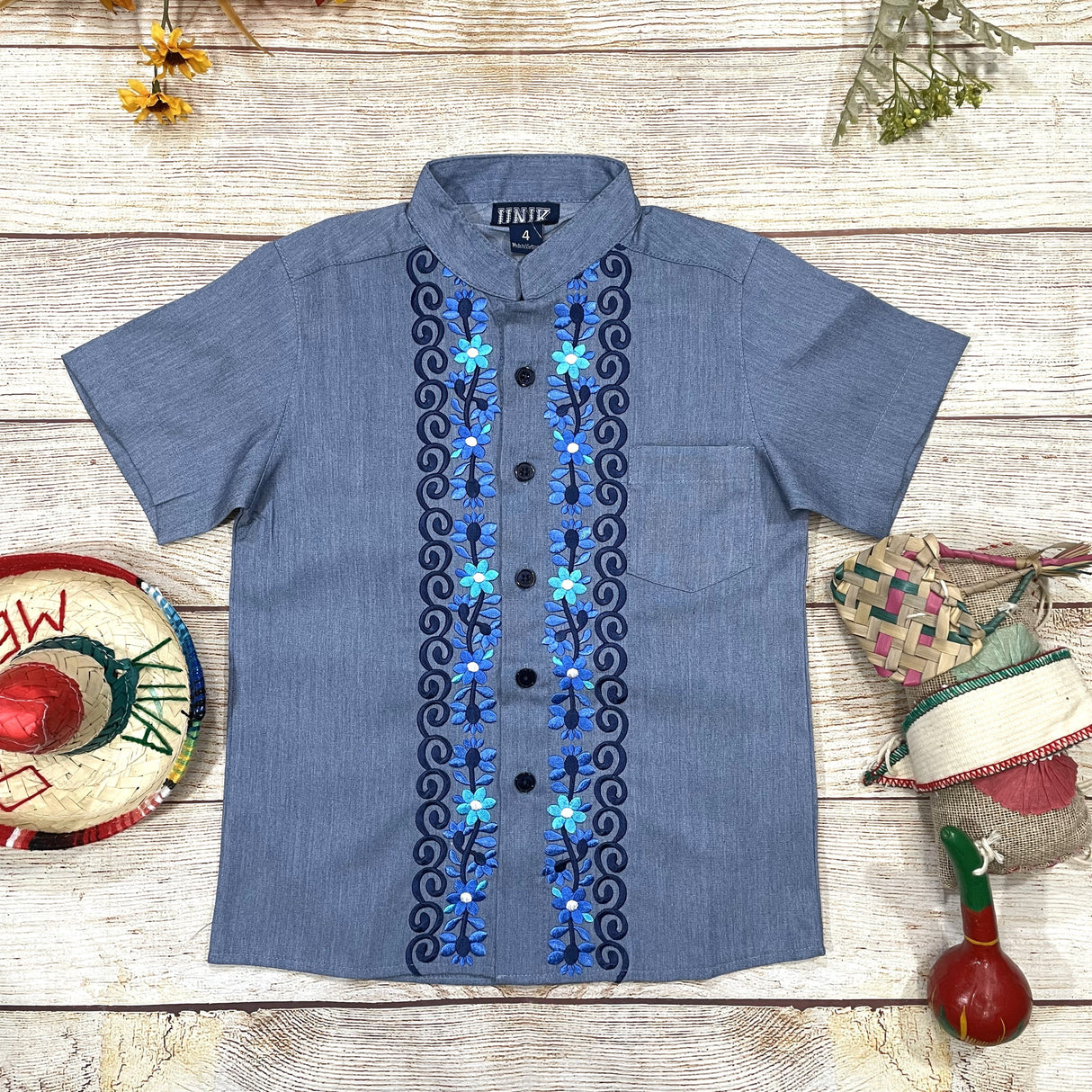 Boys Chambray Floral Guayabera Cotton Polyester Fabric - Chambray Floral, Short Sleeve, Embroidered Details (4-14)