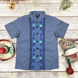 Boys Chambray Floral Guayabera Cotton Polyester Fabric - Chambray Floral, Short Sleeve, Embroidered Details (4-14)