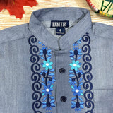 Boys Chambray Floral Guayabera Cotton Polyester Fabric - Chambray Floral, Short Sleeve, Embroidered Details (4-14)