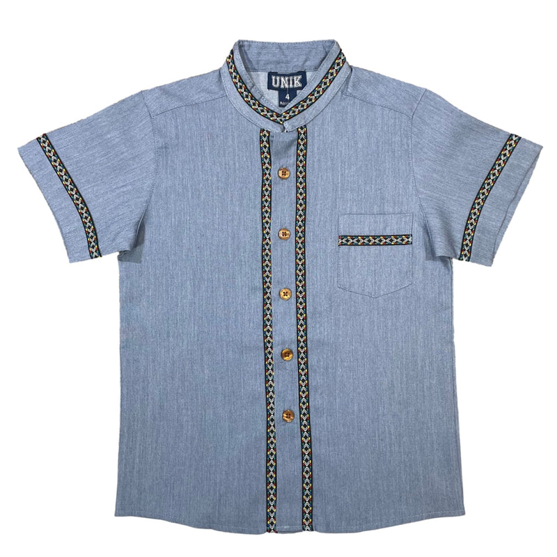 Boys Chambray Trim Guayabera Cotton Polyester Shirt - Chambray Trim, Short Sleeve, Embroidered Details, 4-14 (1 Piece)
