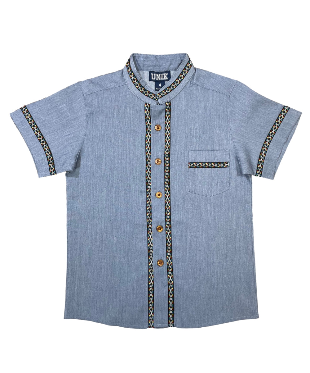 Boys Chambray Trim Guayabera Cotton Polyester Shirt - Chambray Trim, Short Sleeve, Embroidered Details, 4-14 (1 Piece)