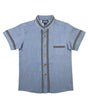 Boys Chambray Trim Guayabera Cotton Polyester Shirt - Chambray Trim, Short Sleeve, Embroidered Details, 4-14 (1 Piece)