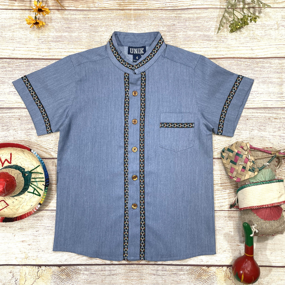 Boys Chambray Trim Guayabera Cotton Polyester Shirt - Chambray Trim, Short Sleeve, Embroidered Details, 4-14 (1 Piece)