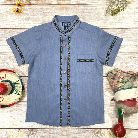 Boys Chambray Trim Guayabera Cotton Polyester Shirt - Chambray Trim, Short Sleeve, Embroidered Details, 4-14 (1 Piece)