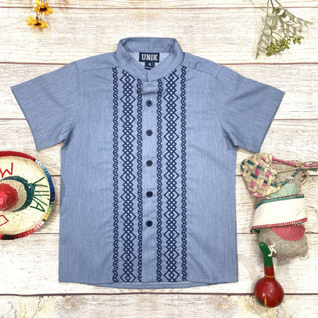 Chambray Diamond Cotton Polyester Fabric - Embroidered Details, Short Sleeve, Boys Shirt, Chambray Diamond, 4-14 (1 Piece)