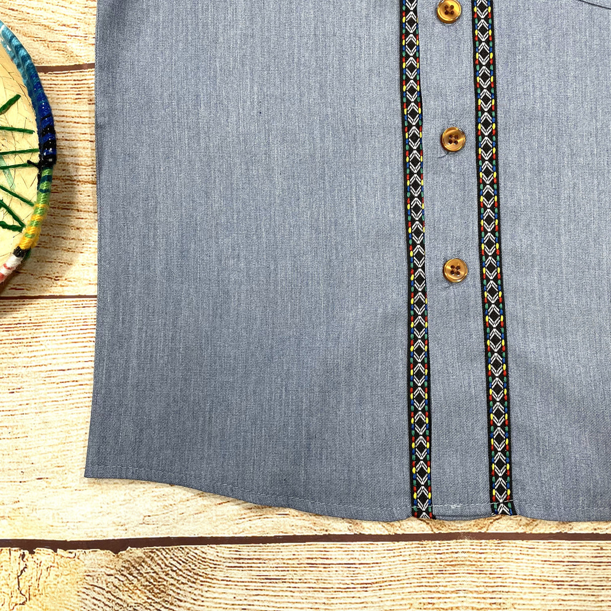 Boys Chambray Trim Guayabera Cotton Polyester Shirt - Chambray Trim, Short Sleeve, Embroidered Details, 4-14 (1 Piece)