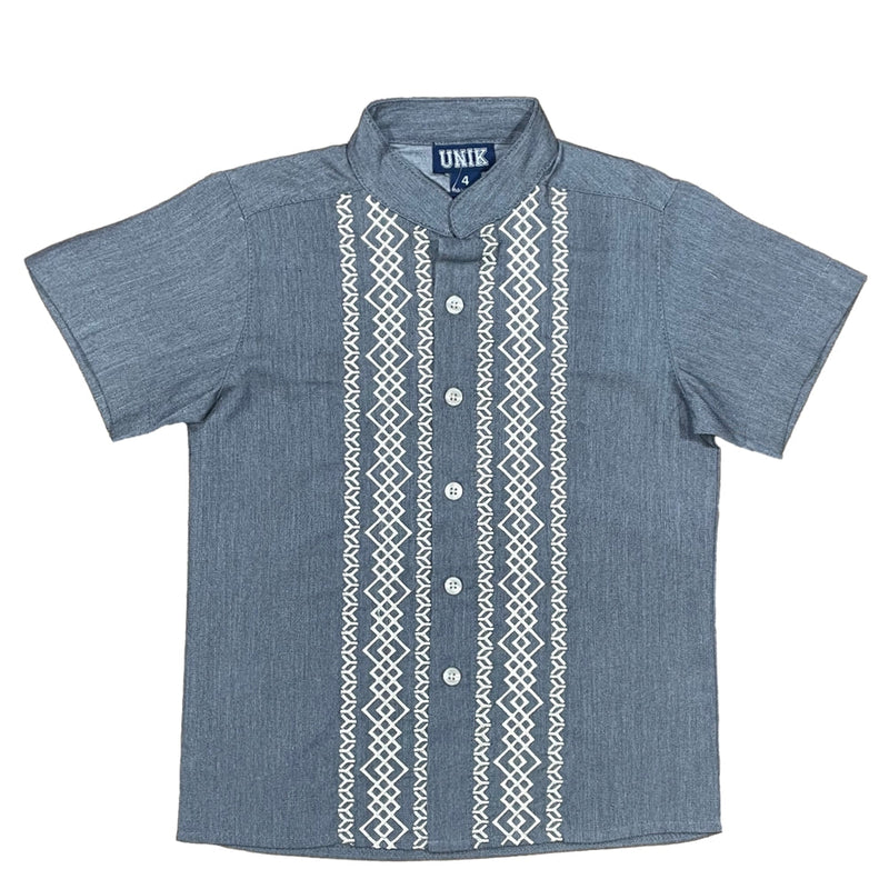 Boys Chacoal Guayabera Cotton Polyester Fabric - Charcoal Embroidered Short Sleeve, 4-14 (1 Piece)