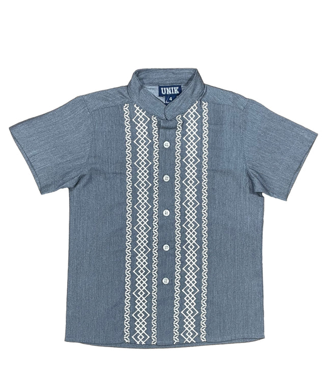 Boys Chacoal Guayabera Cotton Polyester Fabric - Charcoal Embroidered Short Sleeve, 4-14 (1 Piece)