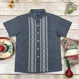 Boys Chacoal Guayabera Cotton Polyester Fabric - Charcoal Embroidered Short Sleeve, 4-14 (1 Piece)