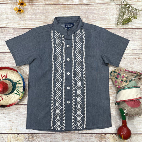 Boys Chacoal Guayabera Cotton Polyester Fabric - Charcoal Embroidered Short Sleeve, 4-14 (1 Piece)