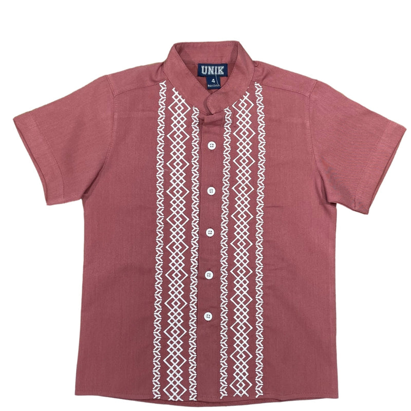 Boys Rust Diamond Guayabera Cotton Polyester Shirt - Rust Diamond, Embroidered Details, Short Sleeve (4-14)