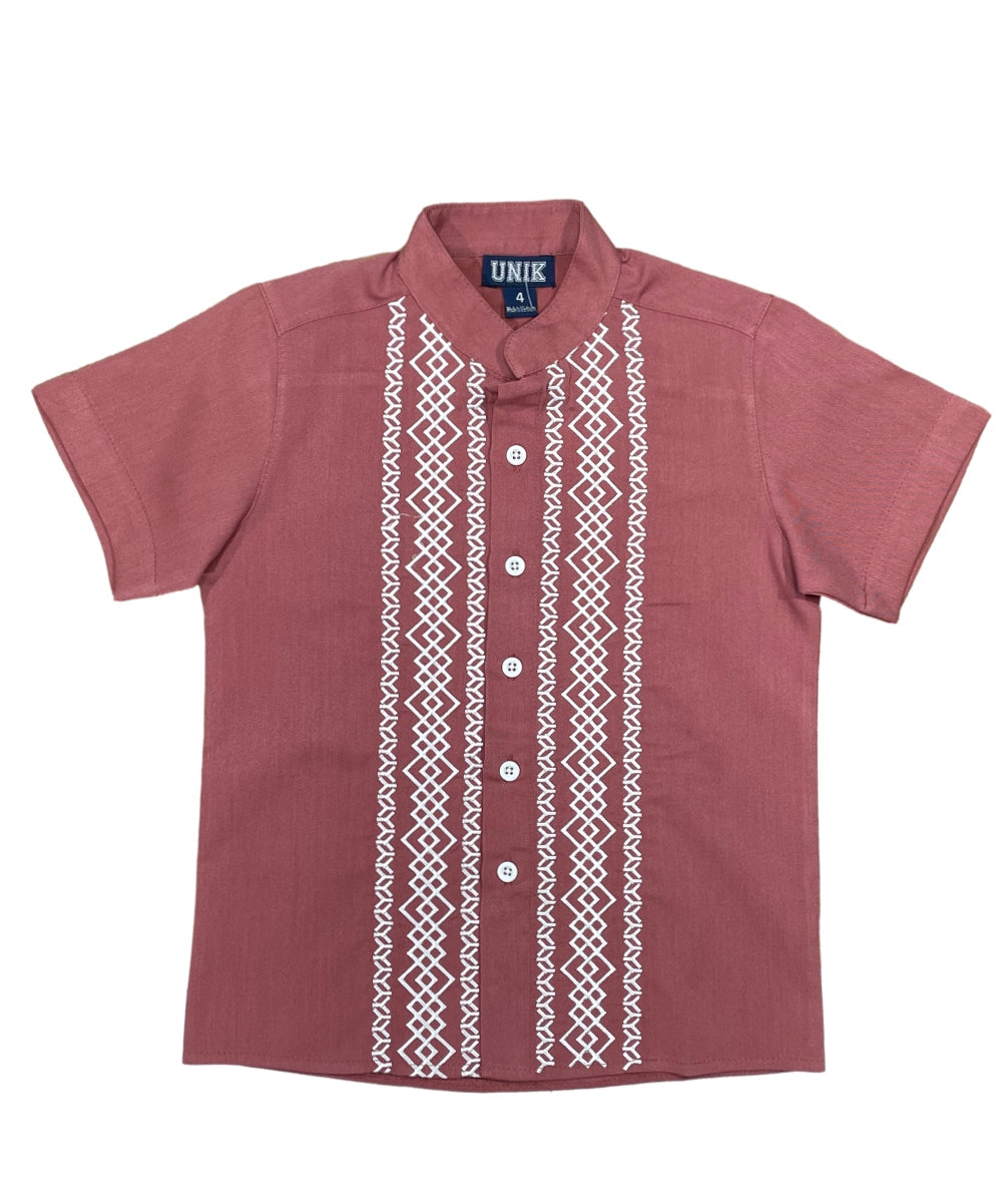 Boys Rust Diamond Guayabera Cotton Polyester Shirt - Rust Diamond, Embroidered Details, Short Sleeve (4-14)