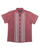 Boys Rust Diamond Guayabera Cotton Polyester Shirt - Rust Diamond, Embroidered Details, Short Sleeve (4-14)
