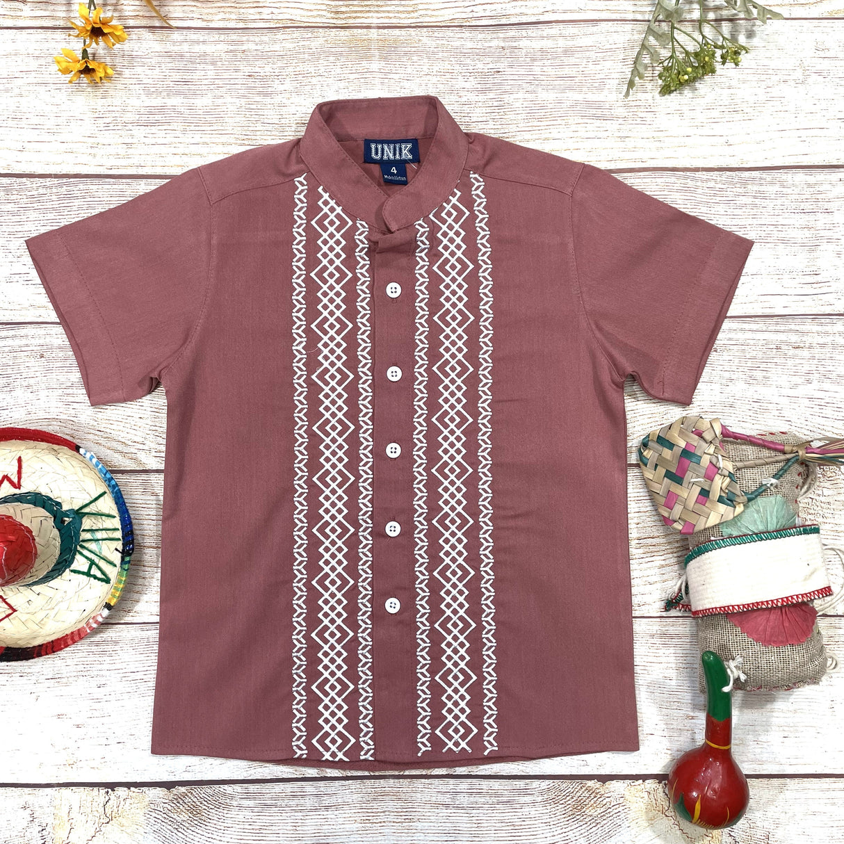 Boys Rust Diamond Guayabera Cotton Polyester Shirt - Rust Diamond, Embroidered Details, Short Sleeve (4-14)