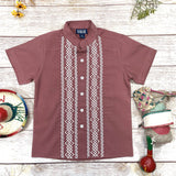 Boys Rust Diamond Guayabera Cotton Polyester Shirt - Rust Diamond, Embroidered Details, Short Sleeve (4-14)