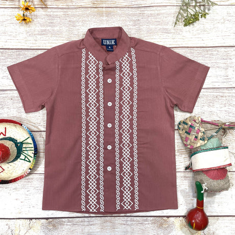 Boys Rust Diamond Guayabera Cotton Polyester Shirt - Rust Diamond, Embroidered Details, Short Sleeve (4-14)