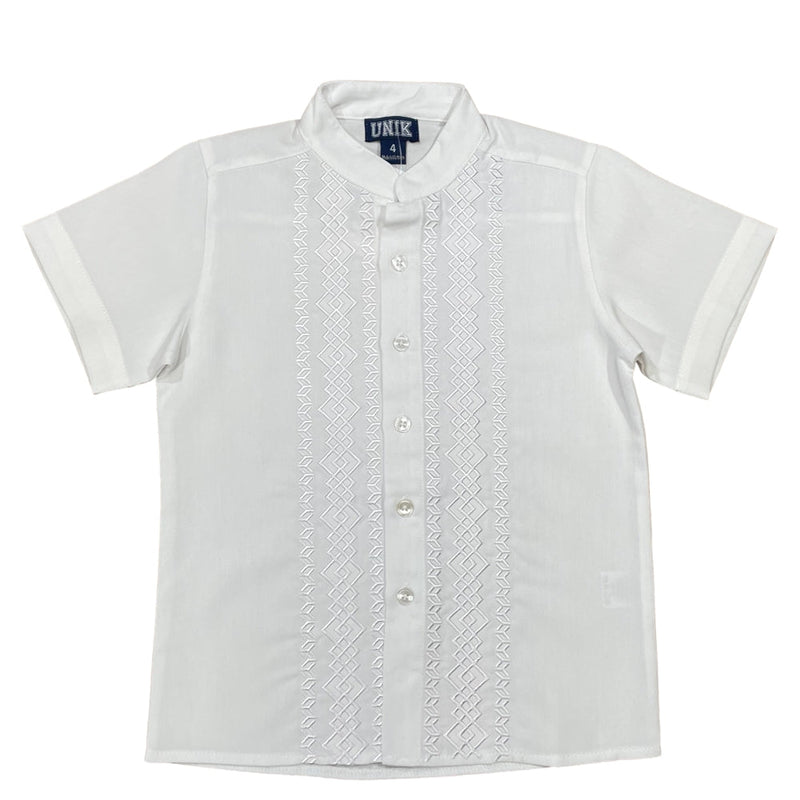 Boys White Diamond Guayabera Cotton Polyester Fabric - White Diamond, Short Sleeve, Embroidered Details, Sizes 4-14 (1 Piece)