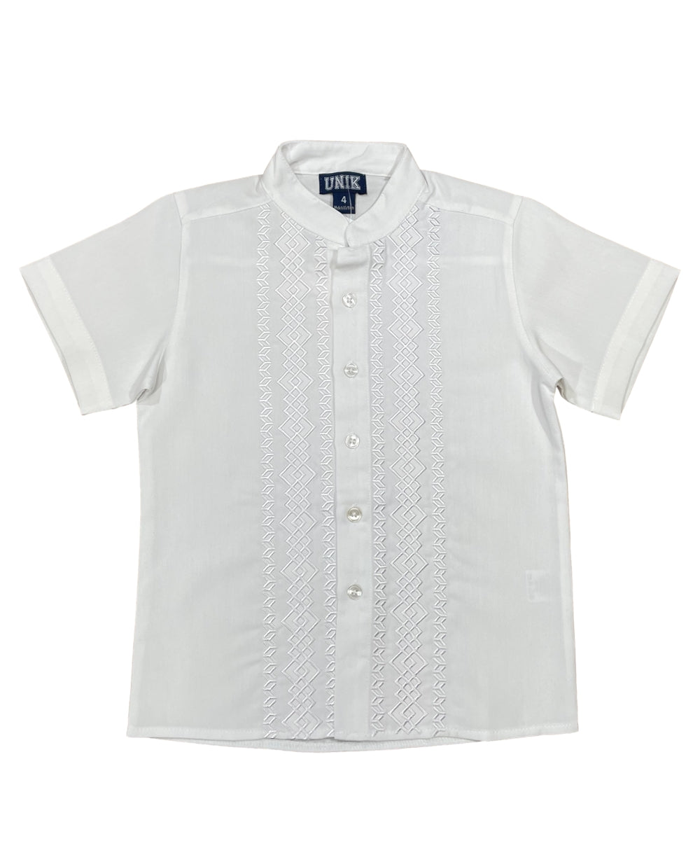Boys White Diamond Guayabera Cotton Polyester Fabric - White Diamond, Short Sleeve, Embroidered Details, Sizes 4-14 (1 Piece)