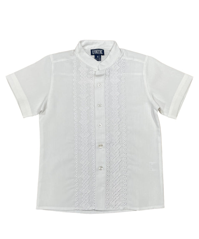 Boys White Diamond Guayabera Cotton Polyester Fabric - White Diamond, Short Sleeve, Embroidered Details, Sizes 4-14 (1 Piece)
