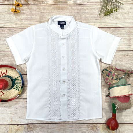Boys White Diamond Guayabera Cotton Polyester Fabric - White Diamond, Short Sleeve, Embroidered Details, Sizes 4-14 (1 Piece)
