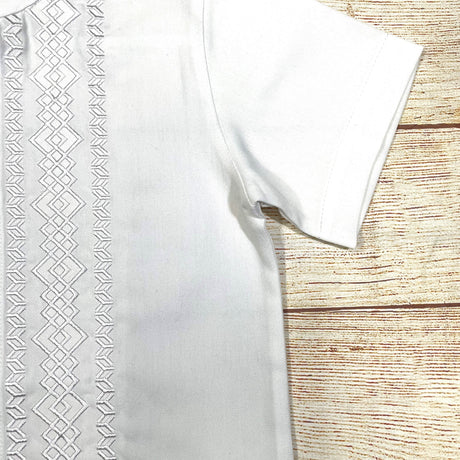 Boys White Diamond Guayabera Cotton Polyester Fabric - White Diamond, Short Sleeve, Embroidered Details, Sizes 4-14 (1 Piece)