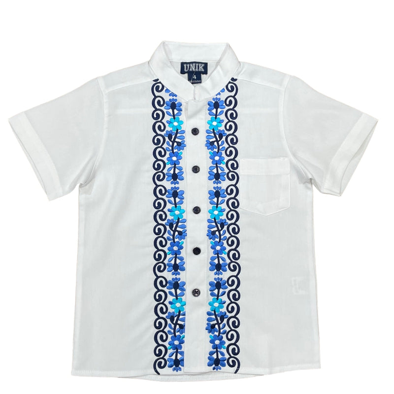 Boys White Floral Guayabera Cotton Polyester Fabric - White Floral, Short Sleeve, Embroidered Details, 4-14 (1 Piece)