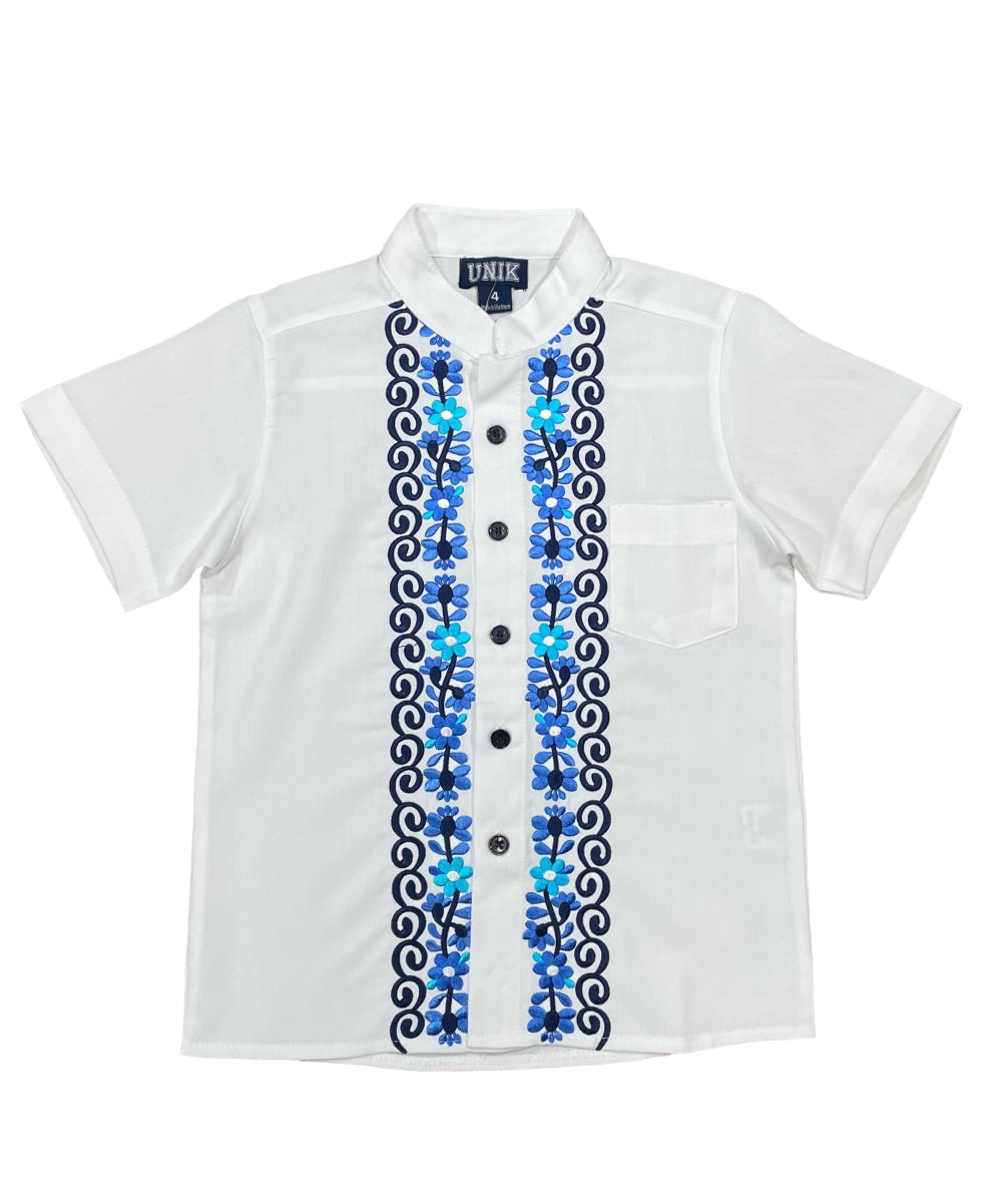 Boys White Floral Guayabera Cotton Polyester Fabric - White Floral, Short Sleeve, Embroidered Details, 4-14 (1 Piece)