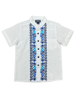 Boys White Floral Guayabera Cotton Polyester Fabric - White Floral, Short Sleeve, Embroidered Details, 4-14 (1 Piece)