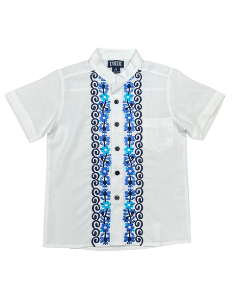 Boys White Floral Guayabera Cotton Polyester Fabric - White Floral, Short Sleeve, Embroidered Details, 4-14 (1 Piece)