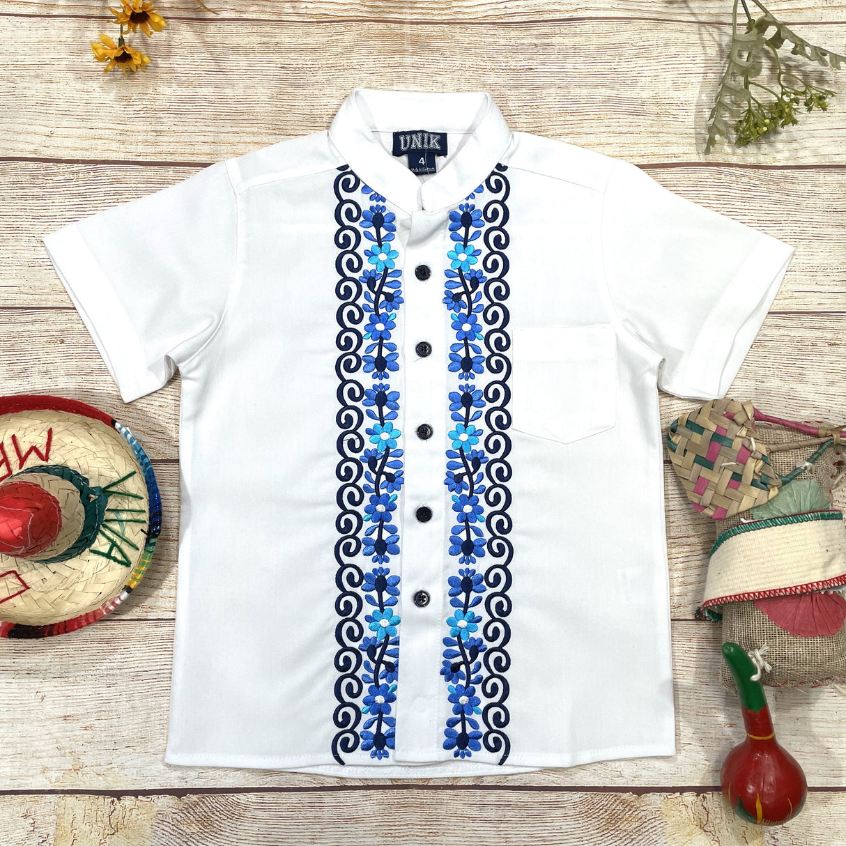 Boys White Floral Guayabera Cotton Polyester Fabric - White Floral, Short Sleeve, Embroidered Details, 4-14 (1 Piece)