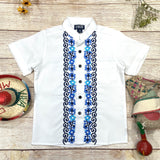 Boys White Floral Guayabera Cotton Polyester Fabric - White Floral, Short Sleeve, Embroidered Details, 4-14 (1 Piece)