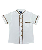 Boys White Trim Guayabera Shirt - Cotton Polyester Fabric, White Trim, Embroidered Details, Short Sleeve, Sizes 4-14 (1 Unit)