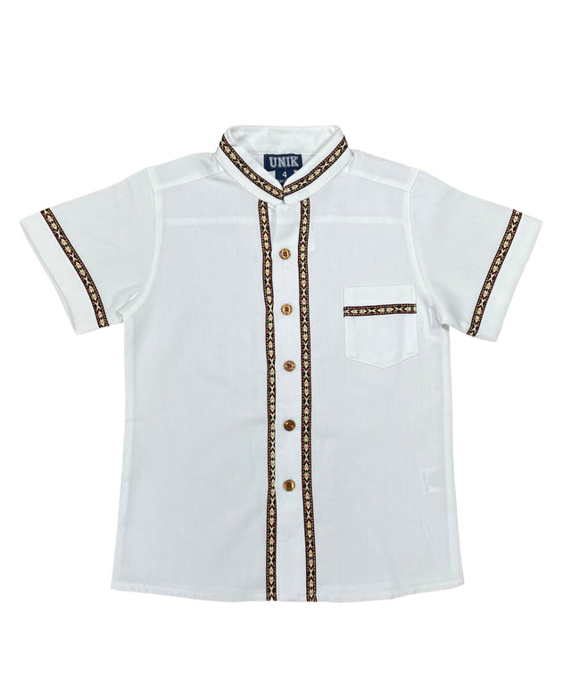 Boys White Trim Guayabera Shirt - Cotton Polyester Fabric, White Trim, Embroidered Details, Short Sleeve, Sizes 4-14 (1 Unit)