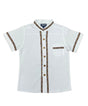 Boys White Trim Guayabera Shirt - Cotton Polyester Fabric, White Trim, Embroidered Details, Short Sleeve, Sizes 4-14 (1 Unit)