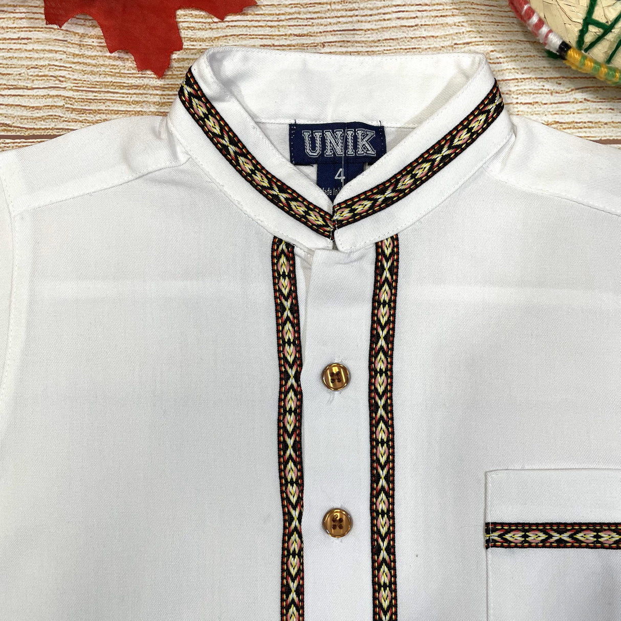 Boys White Trim Guayabera Shirt - Cotton Polyester Fabric, White Trim, Embroidered Details, Short Sleeve, Sizes 4-14 (1 Unit)