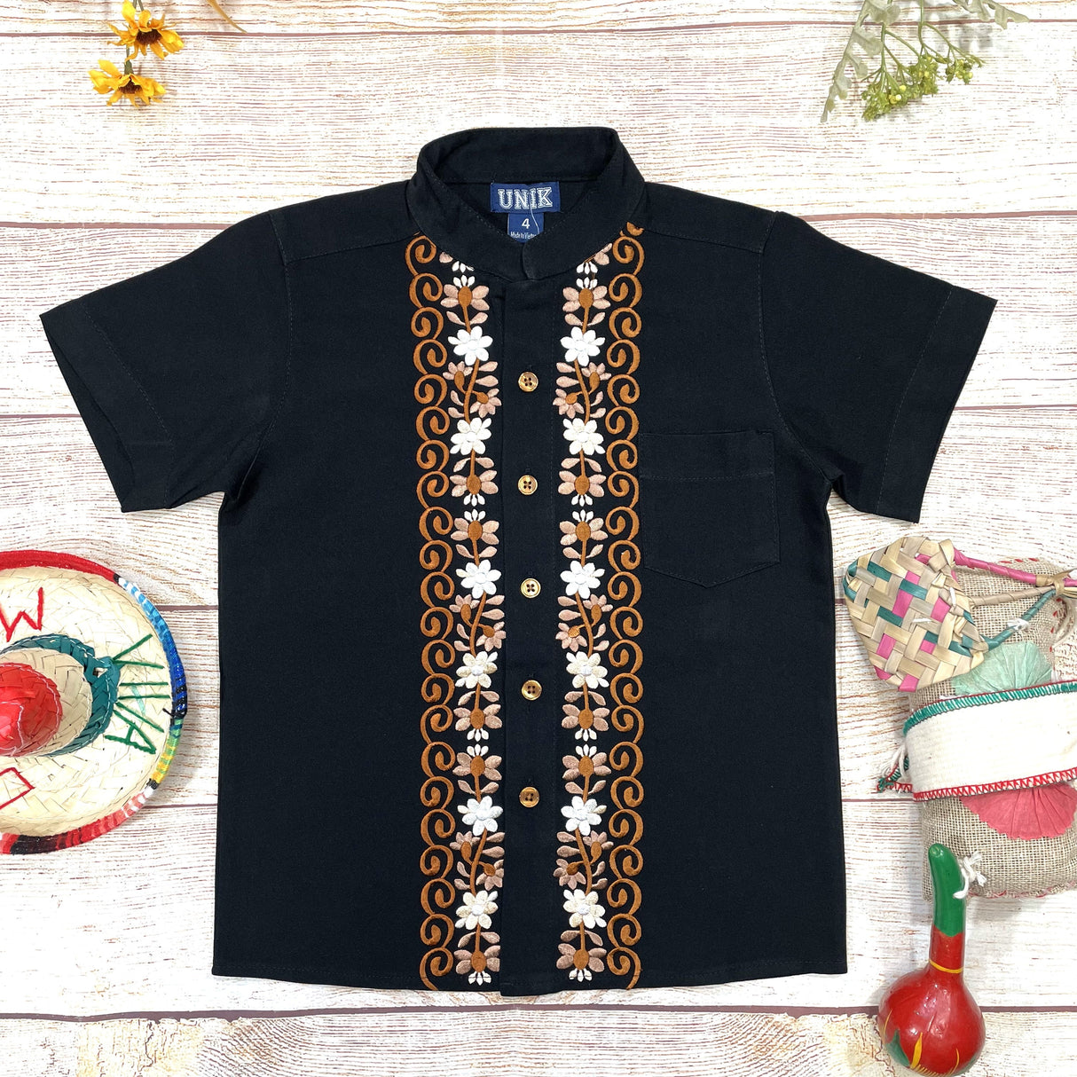 Boys Black Floral Guayabera Cotton Polyester Shirt - Black Floral, Short Sleeve, Embroidered Details, 4-14 (1 Piece)