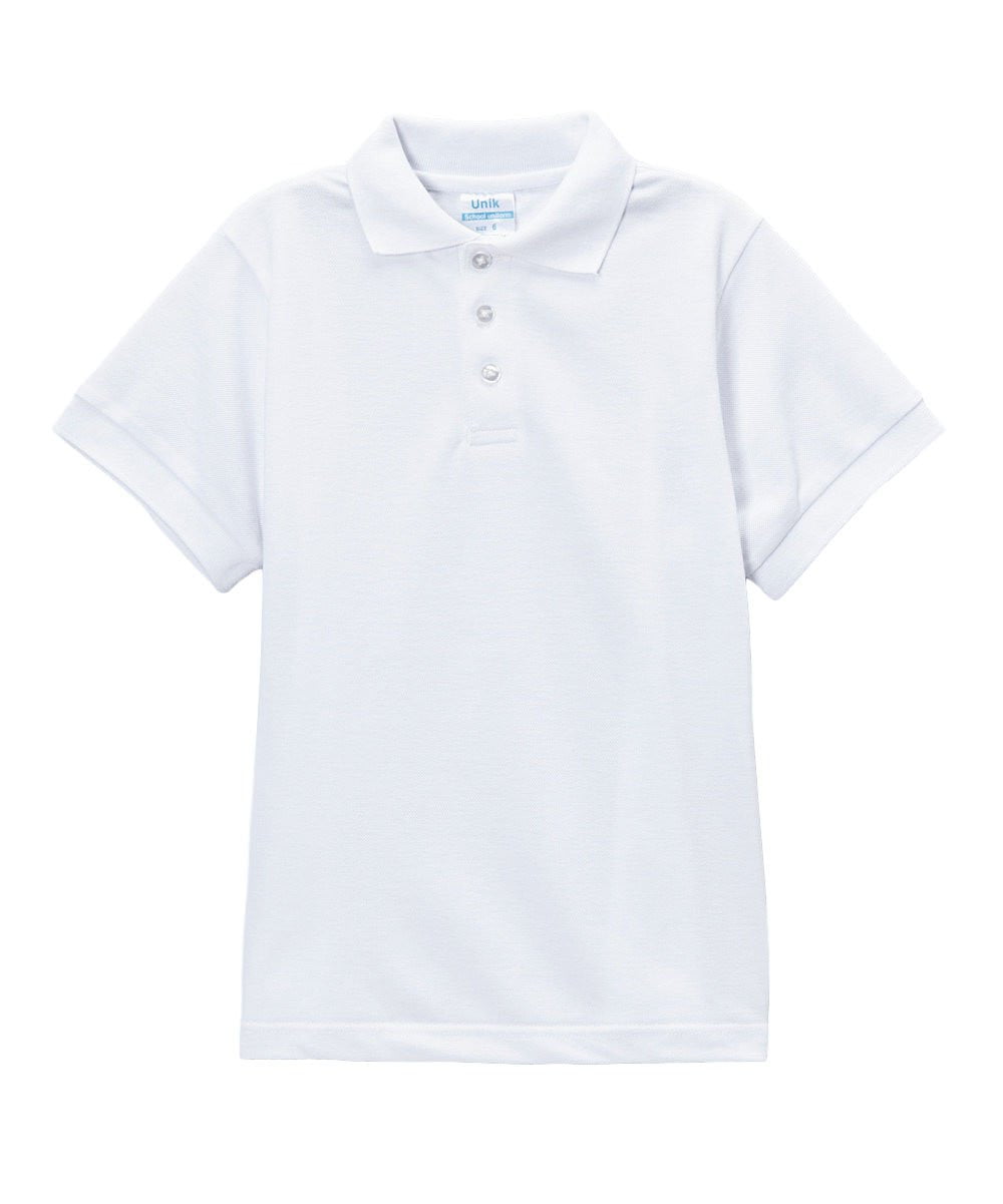 Boys Uniform Polo Shirt Cotton Polyester Fabric - White, Pique, Ribbed Collar And Sleeve, Sizes 5-18 (1 Piece)