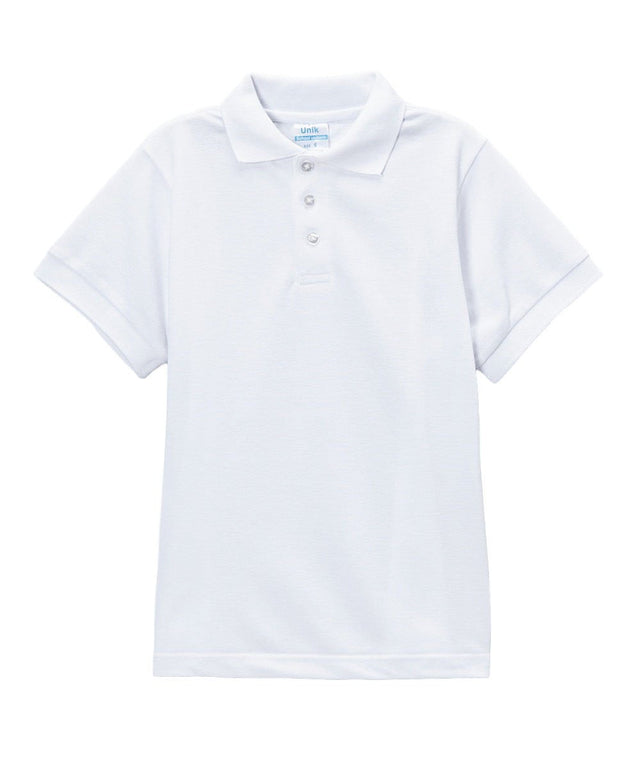 Boys Uniform Polo Shirt Cotton Polyester Fabric - White, Pique, Ribbed Collar And Sleeve, Sizes 5-18 (1 Piece)