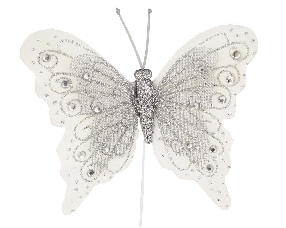 4" White Silver Glitter Butterfly Decorations - Pack of 12 Monarch Butterflies